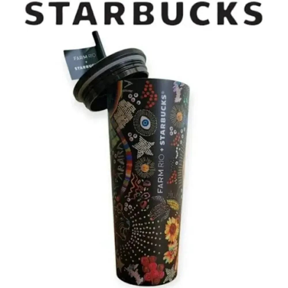 NWT Starbucks x Farm Rio Colorful Black Beadwork Stainless Cold Cup Tumbler